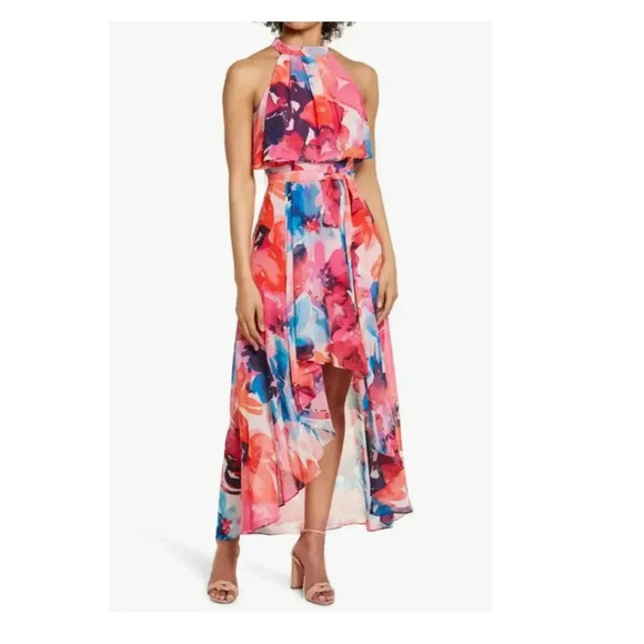 Eliza J. Floral Halter Neck Chiffon Hi-Low Maxi Dress Pink Fit & Flare Size 18 - Picture 1 of 8